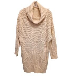 Vintage Turtleneck Sweater Preppy Braid Cable Knit OVERSIZED Sz S Beige Texture